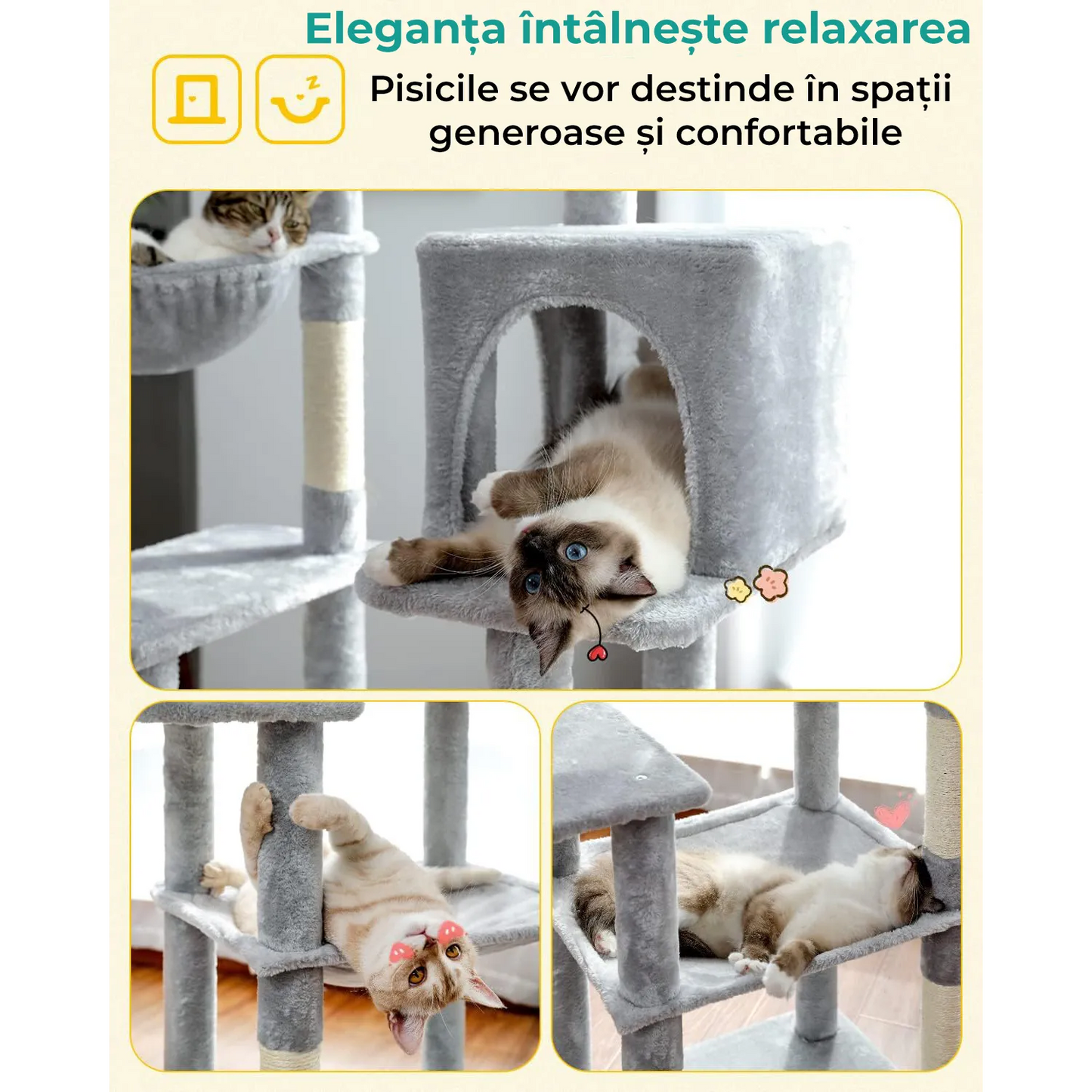 Ansamblu de joaca pentru pisici, inaltime de 143cm, Gri, HoneyPet ®