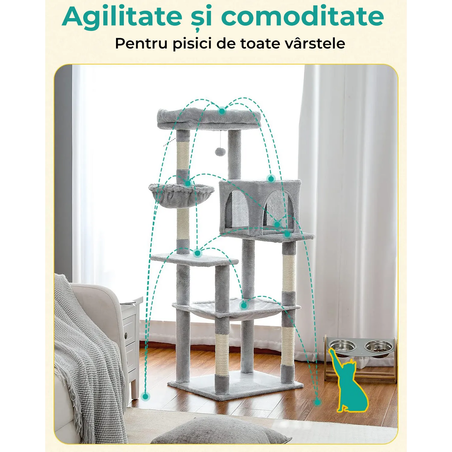 Ansamblu de joaca pentru pisici,  inaltime de 143cm, Gri, HoneyPet ®