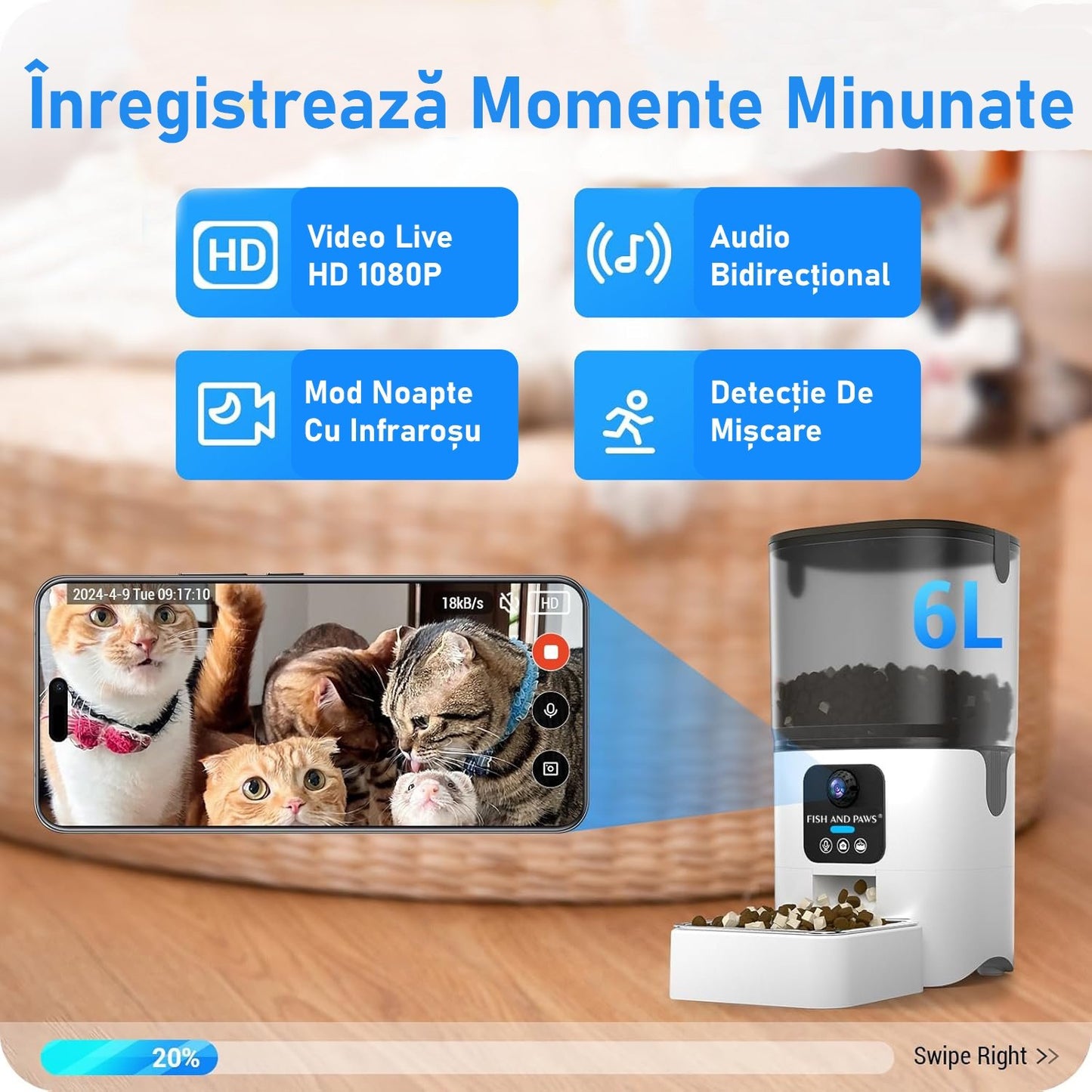 Hranitor Automat pentru Caini si Pisici, HoneyPet cu CAMERA WI-FI