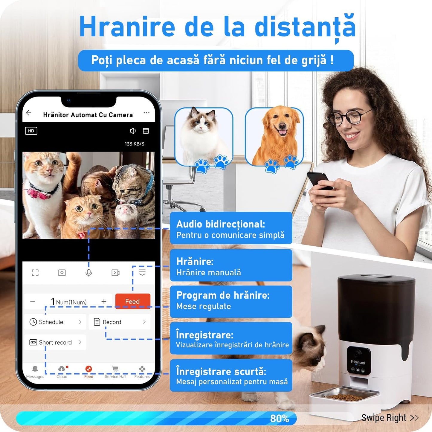 Hranitor Automat pentru Caini si Pisici, HoneyPet cu CAMERA WI-FI